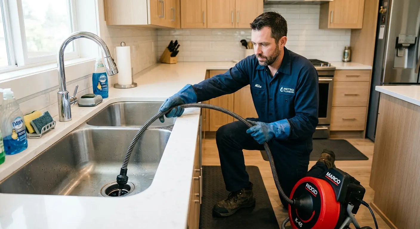 Drain cleaning technician using a motorized snake on a kitchen sink in Corrales