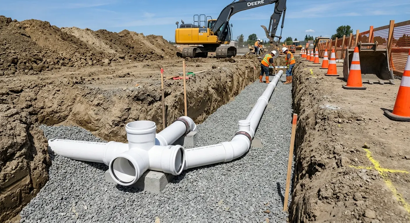New PVC sewer pipe installation in open trench for Commercial Drain Cleaning in Corrales