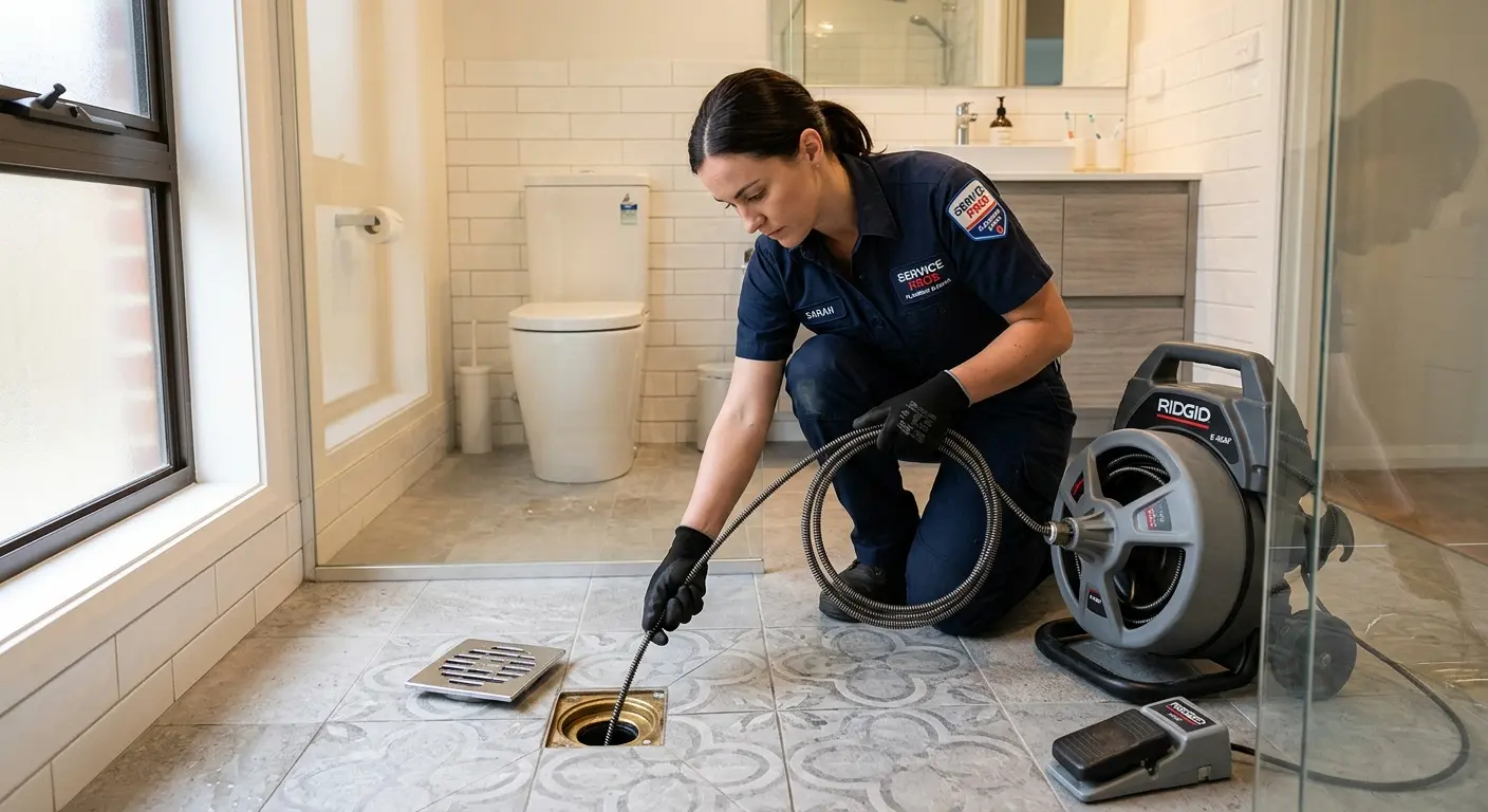 Technician clearing a bathroom floor drain for Clogged Drain Repair in Corrales